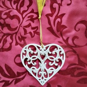 Victorian Lace Ornate Porcelain Filigree Heart Ornament With Gold Tassel